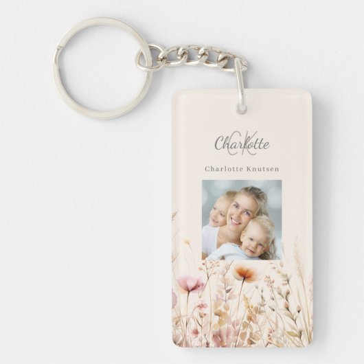 Wildbloemen beige foto monogram sleutelhanger (Voorkant)