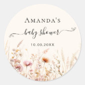 Wildbloemen beige roze baby shower ronde sticker (Voorkant)