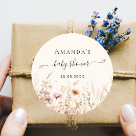 Wildbloemen beige roze baby shower ronde sticker