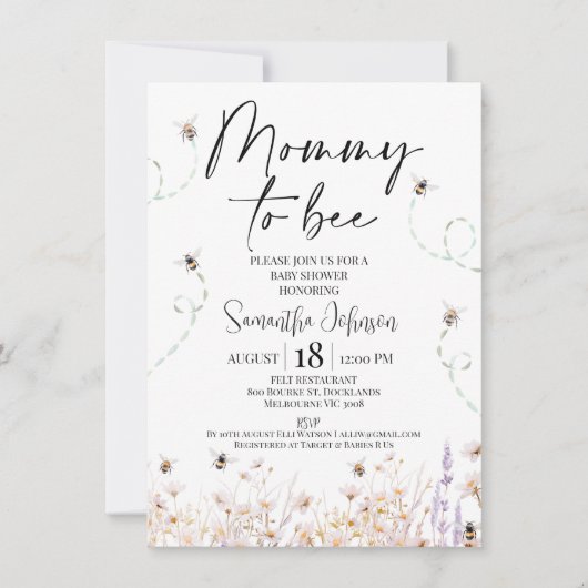 Wildbloemen Bijen Mama naar Bee Baby shower Kaart (Voorkant)
