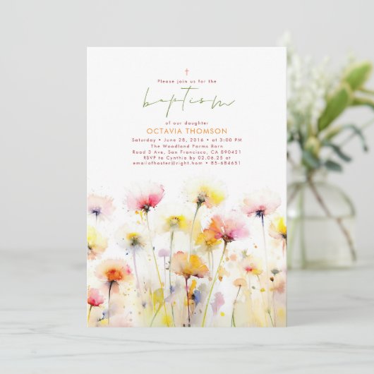 Wildbloemen bloeit elegant Boho roze doop Kaart (Staand voorkant)