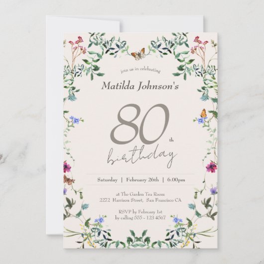 Wildbloemen Bloemen Elegant 80ste Verjaardagsfeest Kaart (Voorkant)