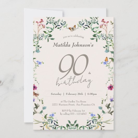 Wildbloemen Bloemen Elegant 90ste Verjaardagsfeest Kaart (Voorkant)