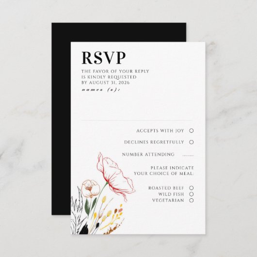Wildbloemen Boho Black Elegant Wedding RSVP (Voorkant / Achterkant)