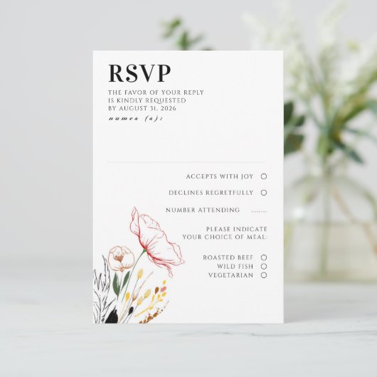 Wildbloemen Boho Black Elegant Wedding RSVP Kaartje (Staand voorkant)