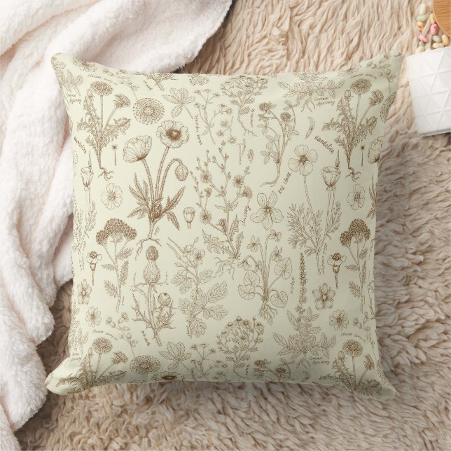 Wildbloemen collage/ beige en sepia kussen (Deken)