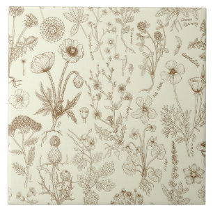 Wildbloemen collage/ beige en sepia tegeltje