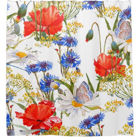 Wildbloemen: donkerblauwe waterverf naadloos douchegordijn (Voorkant)
