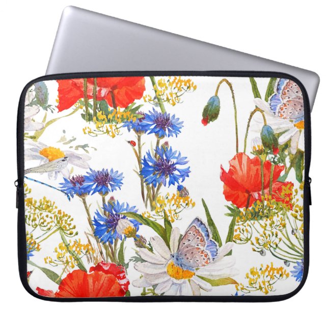 Wildbloemen: donkerblauwe waterverf naadloos laptop sleeve (Voorkant)