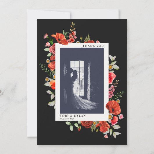 Wildbloemen Donkere bruiloft foto Bedankkaart (Voorkant)