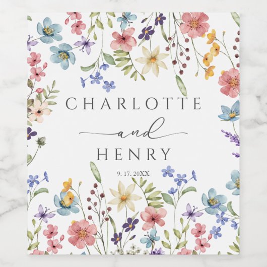 Wildbloemen Eenvoudige tuin bruiloft Wijn Etiket (Enkel label)