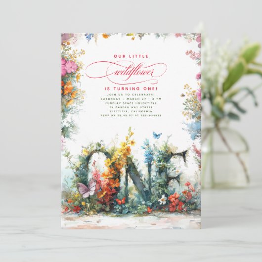 Wildbloemen eerste verjaardagsfeestuitnodigingen kaart (Staand voorkant)