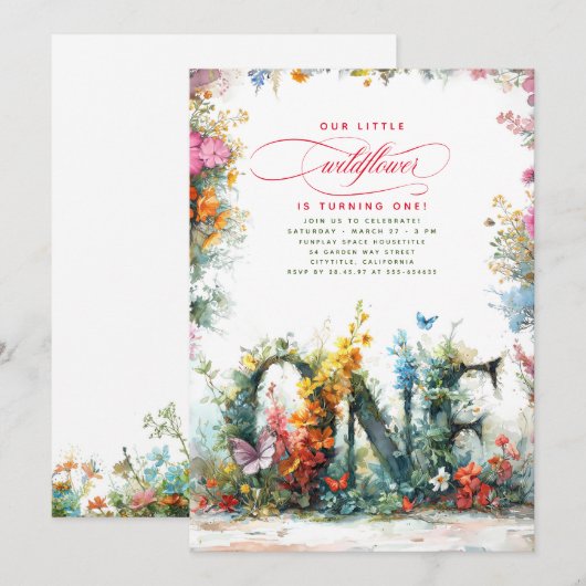 Wildbloemen eerste verjaardagsfeestuitnodigingen kaart (Voorkant / Achterkant)