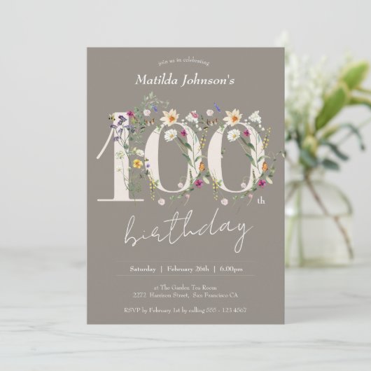 Wildbloemen Elegant Bloemen 100e Verjaardagsfeest Kaart (Staand voorkant)