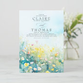 Wildbloemen Elegant Stoffig Blauw Bruiloft Uitnodi Kaart (Staand voorkant)