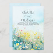 Wildbloemen Elegant Stoffig Blauw Bruiloft Uitnodi Kaart (Voorkant / Achterkant)