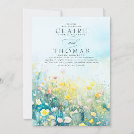 Wildbloemen Elegant Stoffig Blauw Bruiloft Uitnodi Kaart