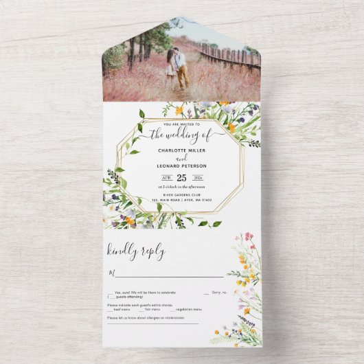 Wildbloemen elegant Weddenfoto All In One Uitnodiging (Binnen)