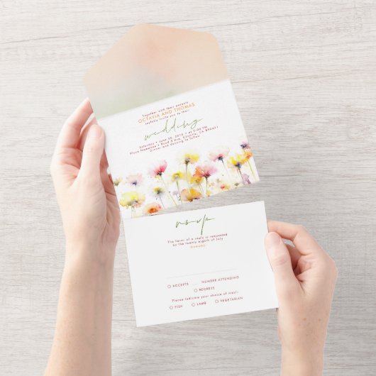 Wildbloemen Elegante bruiloft All In One Uitnodiging (Afscheurbaar)