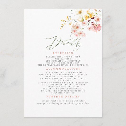Wildbloemen Elegante bruiloft informatie Informatiekaartje (Voorkant)