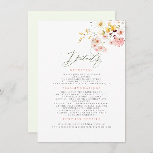 Wildbloemen Elegante bruiloft informatie Informatiekaartje (Voorkant / Achterkant)