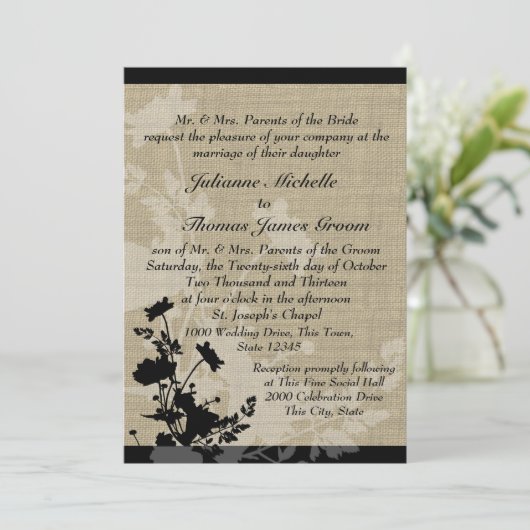 Wildbloemen en Burlap Bruiloft Kaart (Staand voorkant)