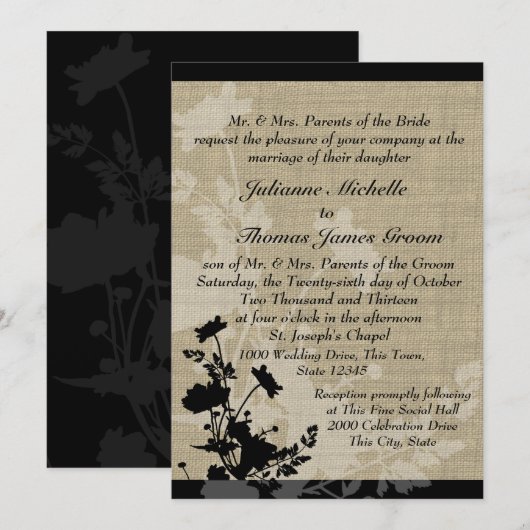 Wildbloemen en Burlap Bruiloft Kaart (Voorkant / Achterkant)