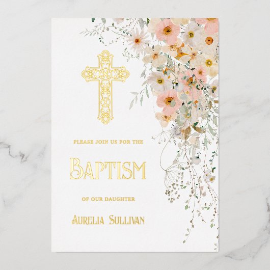 Wildbloemen en groen Doop Folie Uitnodiging (Voorkant)