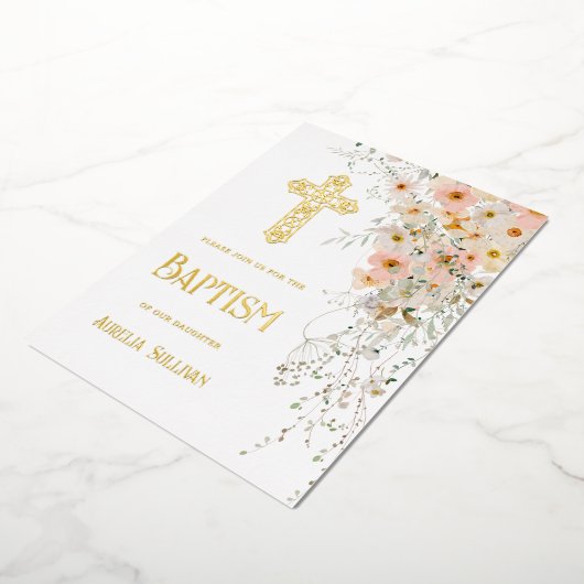 Wildbloemen en groen Doop Folie Uitnodiging (Gedraaid)