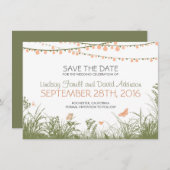 wildbloemen en hangende lichten bewaren de datumka save the date (Voorkant / Achterkant)