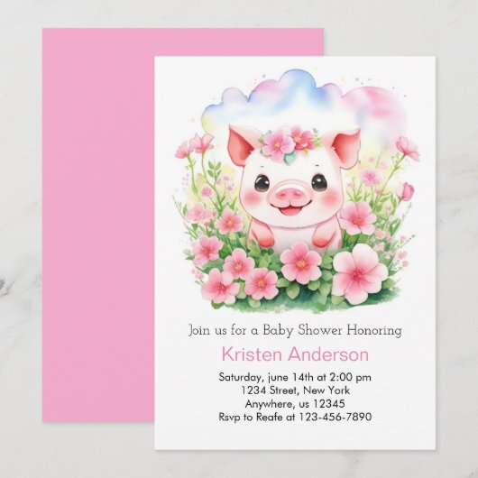 Wildbloemen en Schattige Roze Piglet Meisje Baby s Kaart (Voorkant / Achterkant)