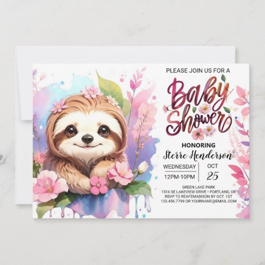 Wildbloemen en Sloth Baby shower Kaart (Voorkant)
