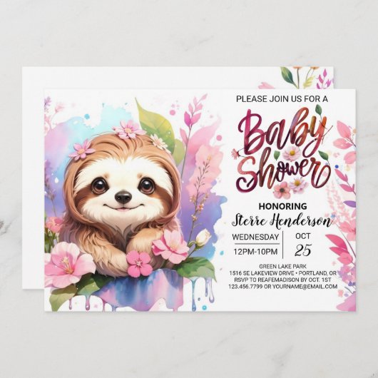 Wildbloemen en Sloth Baby shower Kaart (Voorkant / Achterkant)
