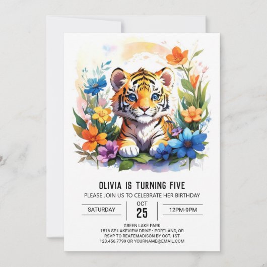 Wildbloemen en Tiger Boy Verjaardag Kaart (Voorkant)