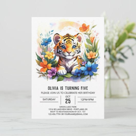 Wildbloemen en Tiger Boy Verjaardag Kaart (Staand voorkant)