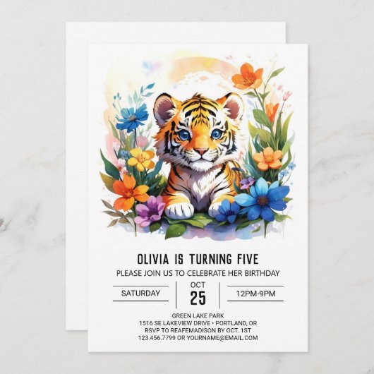 Wildbloemen en Tiger Boy Verjaardag Kaart (Voorkant / Achterkant)