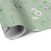 Wildbloemen en vlinders op Sage Green Cadeaupapier (Rol Hoek)
