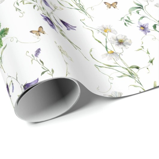 Wildbloemen en vlinders op wit cadeaupapier (Rol Hoek)