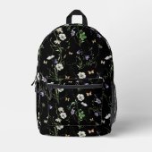 Wildbloemen en vlinders op zwart bedrukte rugzak (Voorkant)