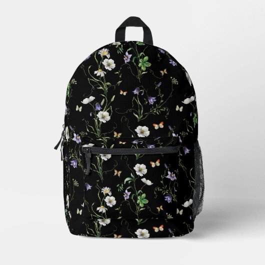 Wildbloemen en vlinders op zwart bedrukte rugzak (Voorkant)