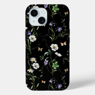 Wildbloemen en vlinders op zwart iPhone 15 case