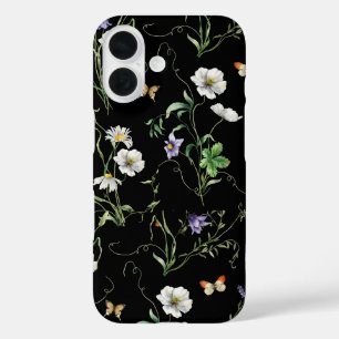 Wildbloemen en vlinders op zwart iPhone 16 hoesje