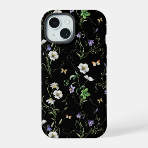 Wildbloemen en vlinders op zwart iPhone 15 case