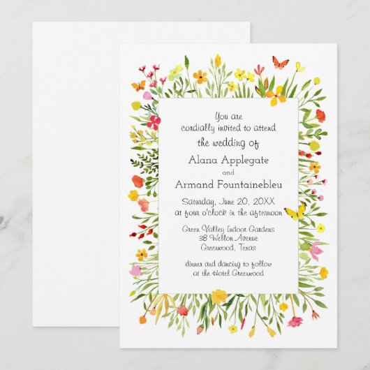 Wildbloemen en vlinders Waterverf bruiloft Kaart (Voorkant / Achterkant)