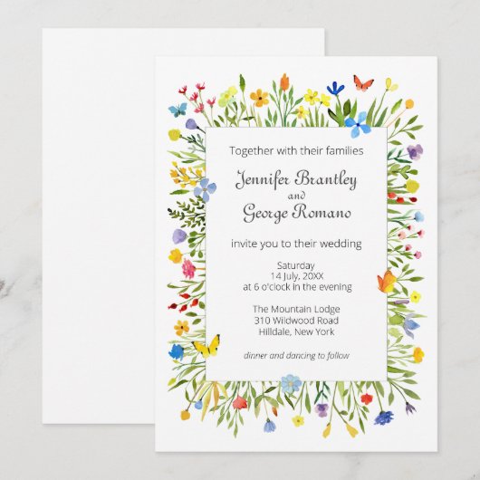 Wildbloemen en vlinders Waterverf bruiloft Kaart (Voorkant / Achterkant)