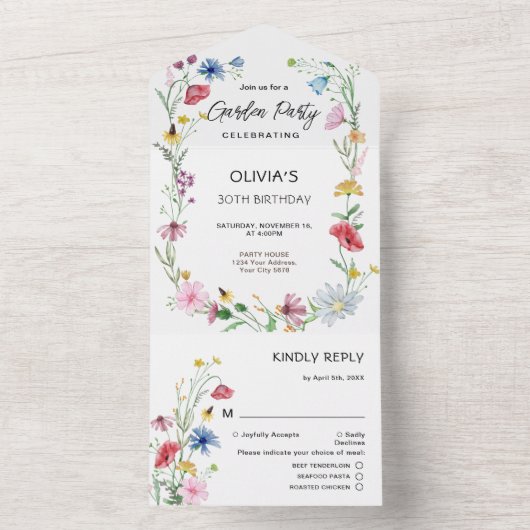 Wildbloemen Garden Party Birthday All In One Uitnodiging (Binnen)
