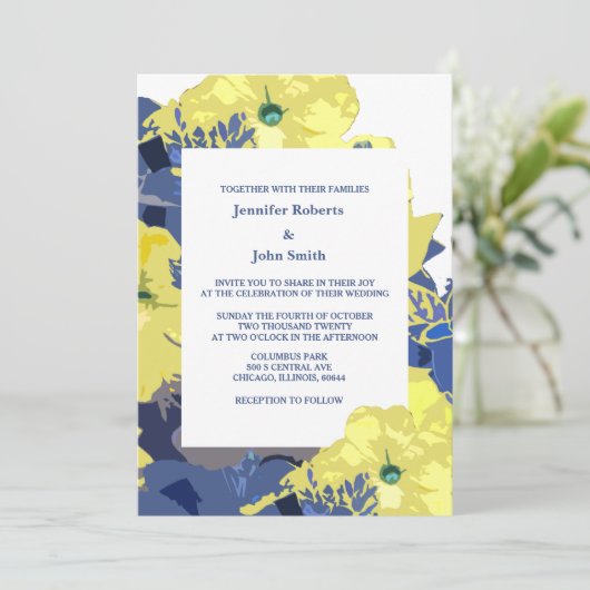 Wildbloemen Geel Blauw Artsy Bruiloft 2024 Kaart (Staand voorkant)