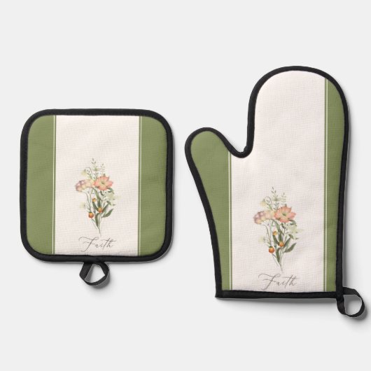 Wildbloemen, geloof en liefde, keukenhanddoeken ovenwant & pannenlap set (Voorkant)