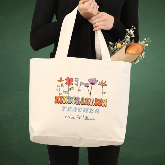 Wildbloemen gepersonaliseerde kleuterschool leraar grote tote bag