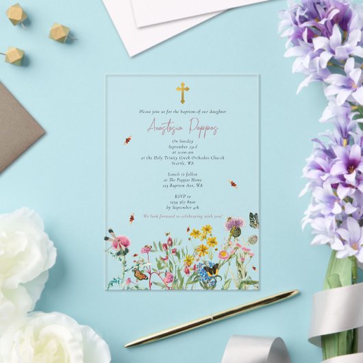 Wildbloemen Grieks-orthodox doopsel Acryl Uitnodigingen (Insitu (Huwelijk))